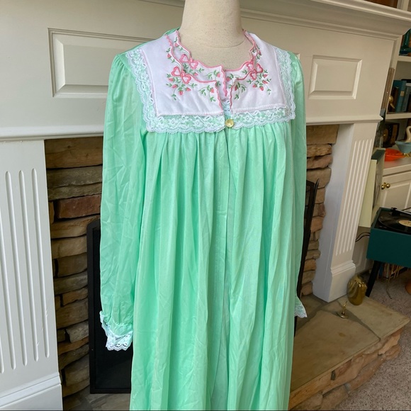 Vintage peignoir set mint green with white lace and pink rosebuds size small - Picture 7 of 8